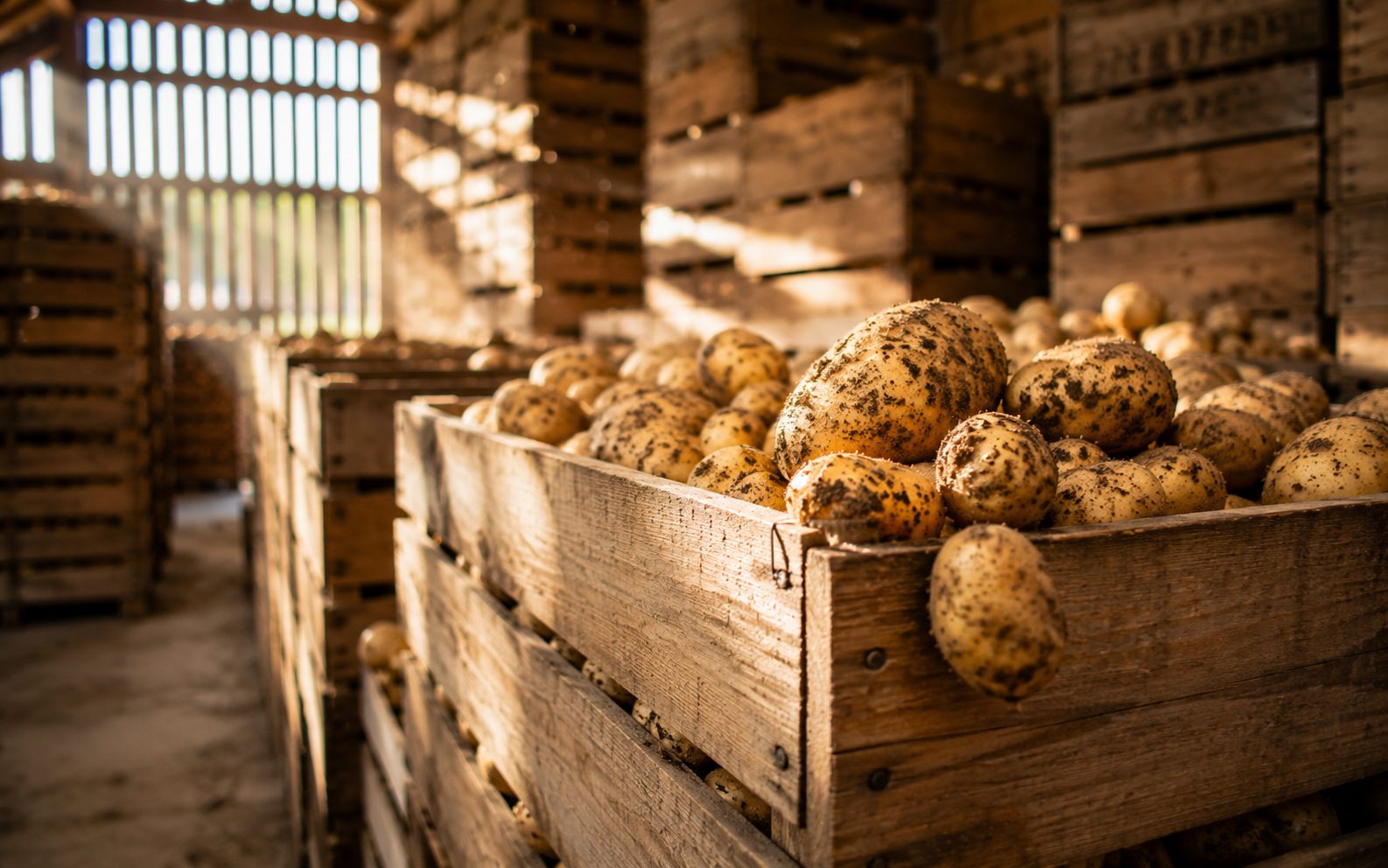 Aardappelen in opslagkisten
