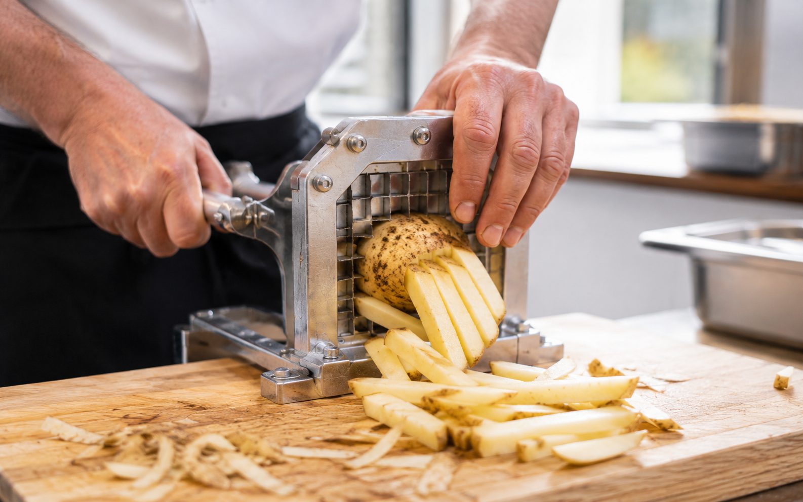 Aardappel die tot friet wordt gesneden