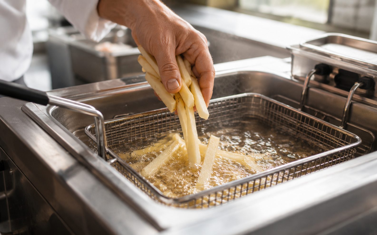 Friet in de olie tijdens het voorbakken