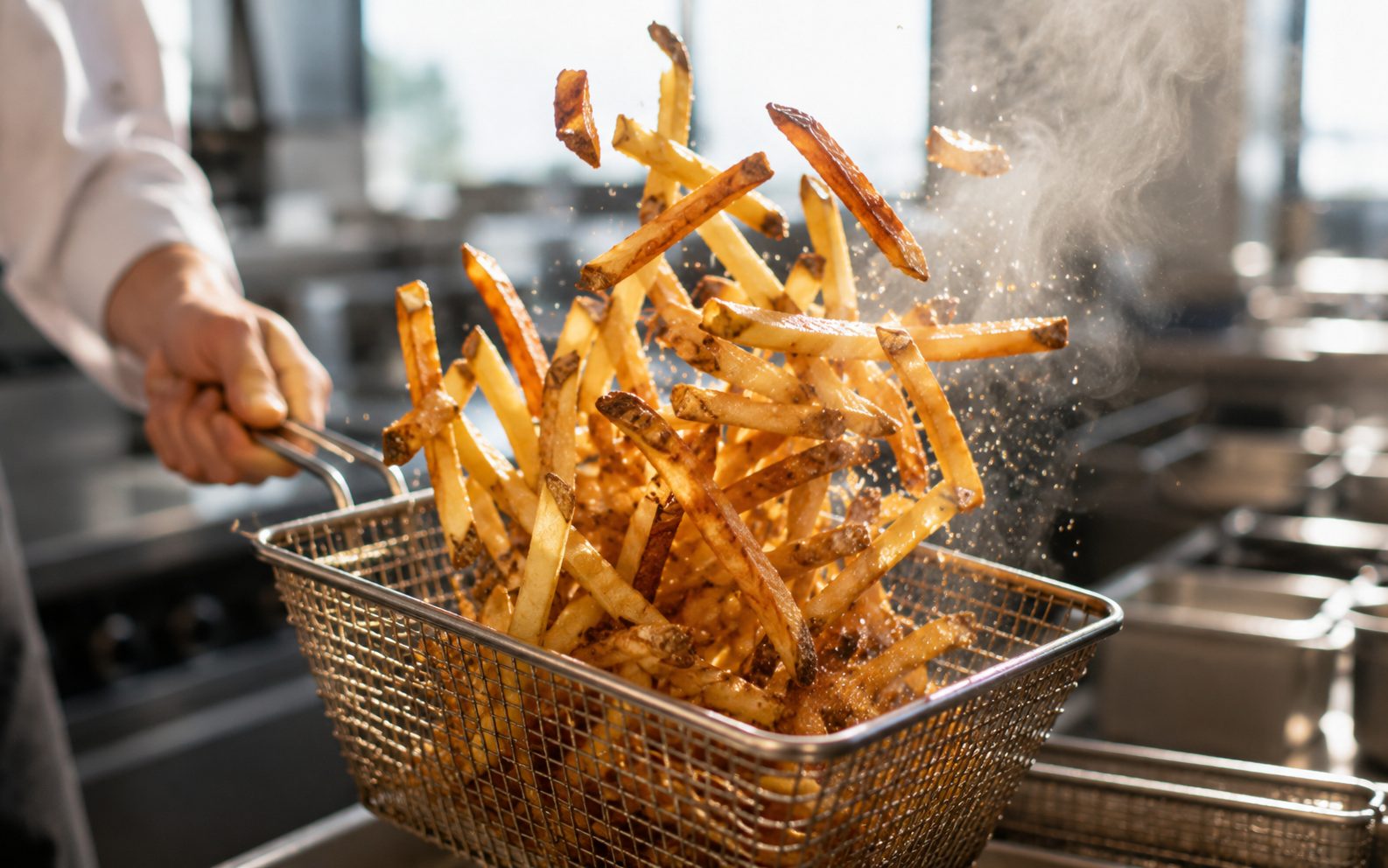 Friet die uit de frietmand wordt geschud