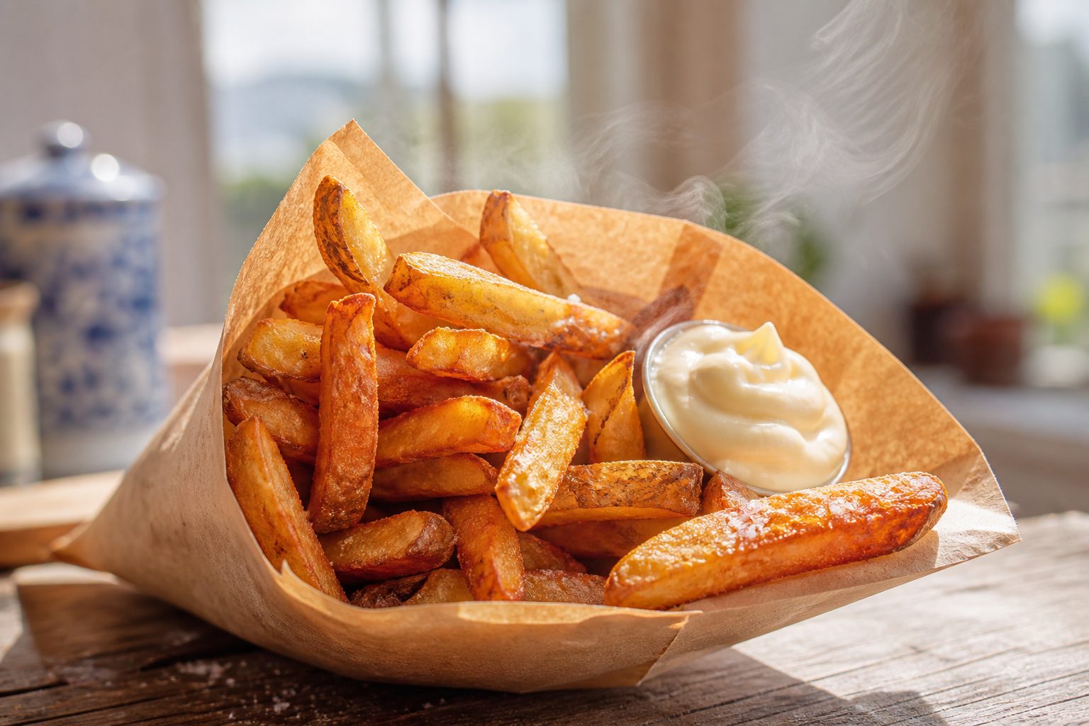 Puntzak Pieperz-friet met een bakje mayonaise